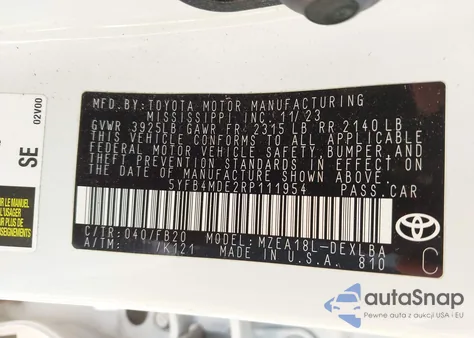 2024 Toyota Corolla Le from USA, damaged, VIN 5YFB4MDE2RP111954